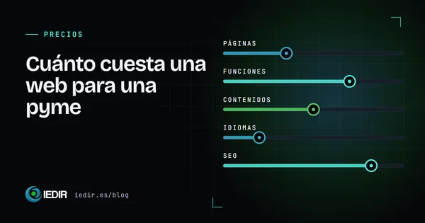 Ilustración de cinco deslizadores —páginas, funciones, contenidos, idiomas y SEO— que representan lo que mueve el precio de una web