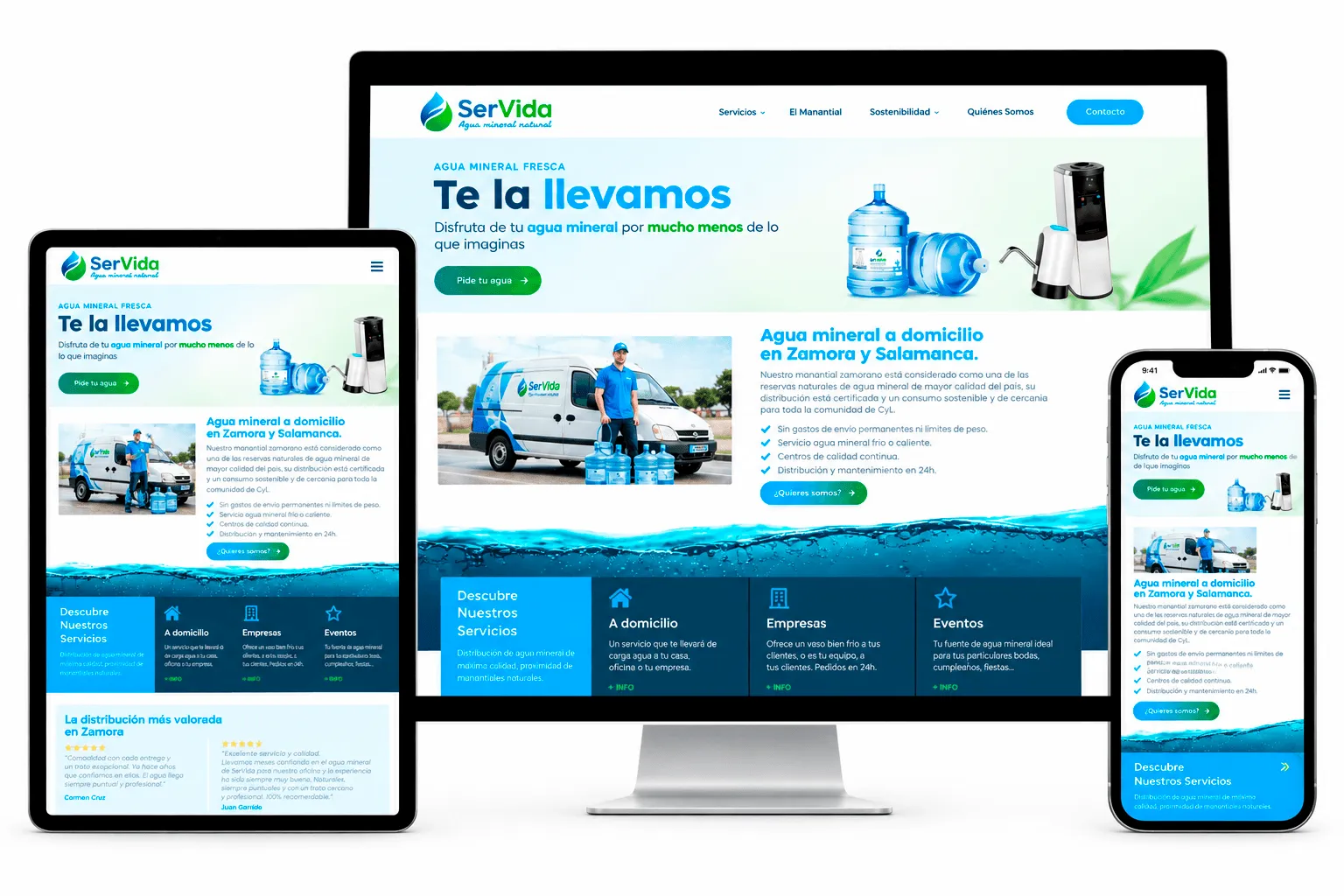 Web de Agua SerVida en ordenador, tableta y móvil con el titular «Te la llevamos»