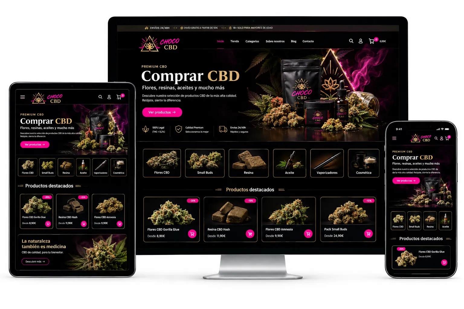 Tienda online de ChocoCBD en ordenador, tableta y móvil con la portada «Comprar CBD» y productos destacados
