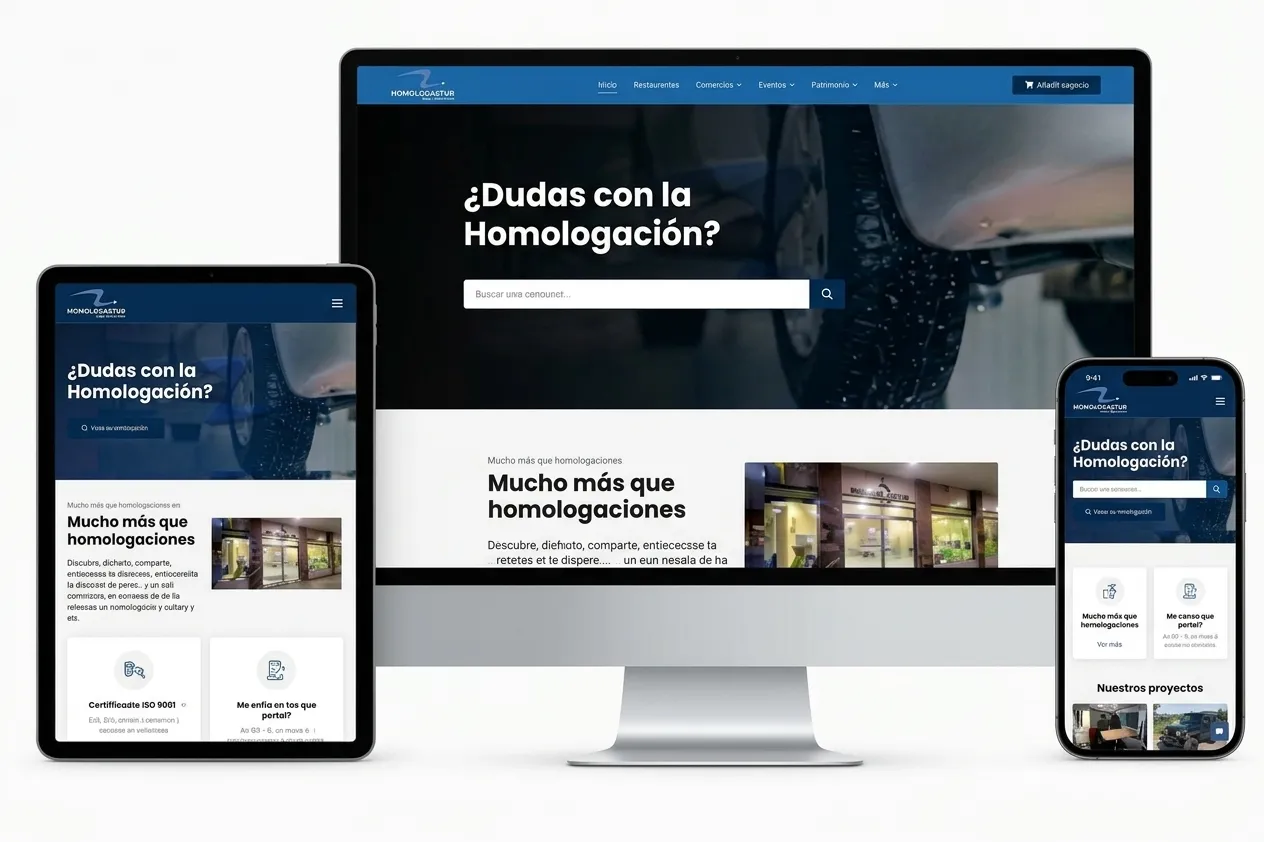 Web de Homologastur en ordenador, tableta y móvil con el titular «¿Dudas con la homologación?»