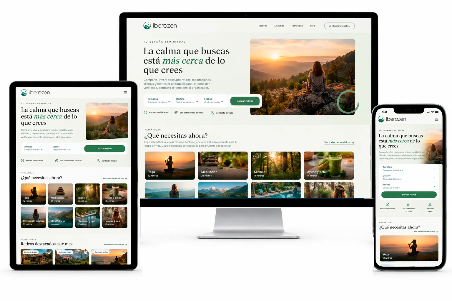 Web de Iberozen en ordenador, tableta y móvil: portada con paisaje de montaña y buscador de qué necesitas ahora