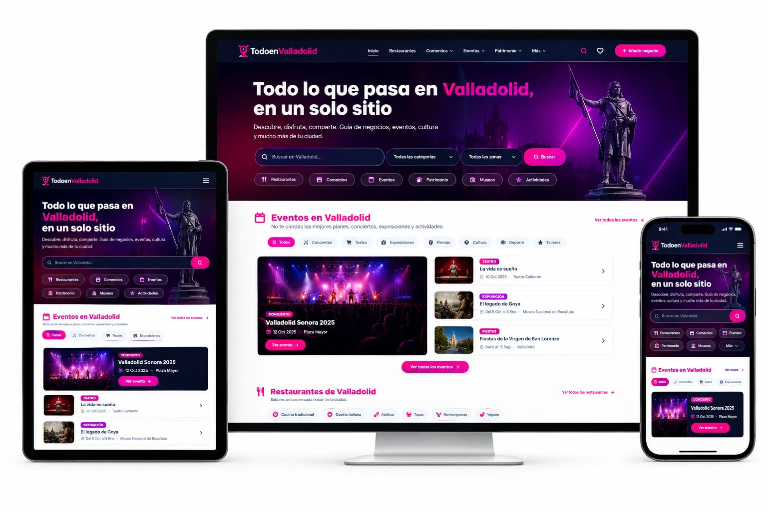 Portal TodoenValladolid en ordenador, tableta y móvil con el titular «Todo lo que pasa en Valladolid, en un solo sitio»
