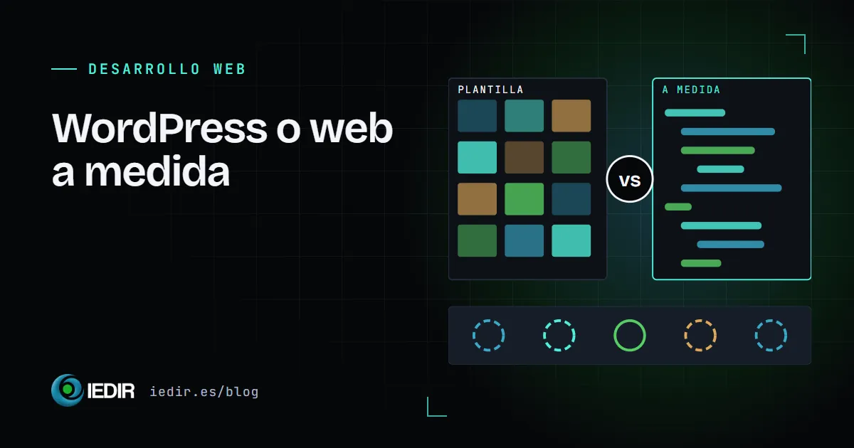 Ilustración que compara una plantilla de bloques de colores con una web a medida hecha de líneas de código, separadas por un «vs»